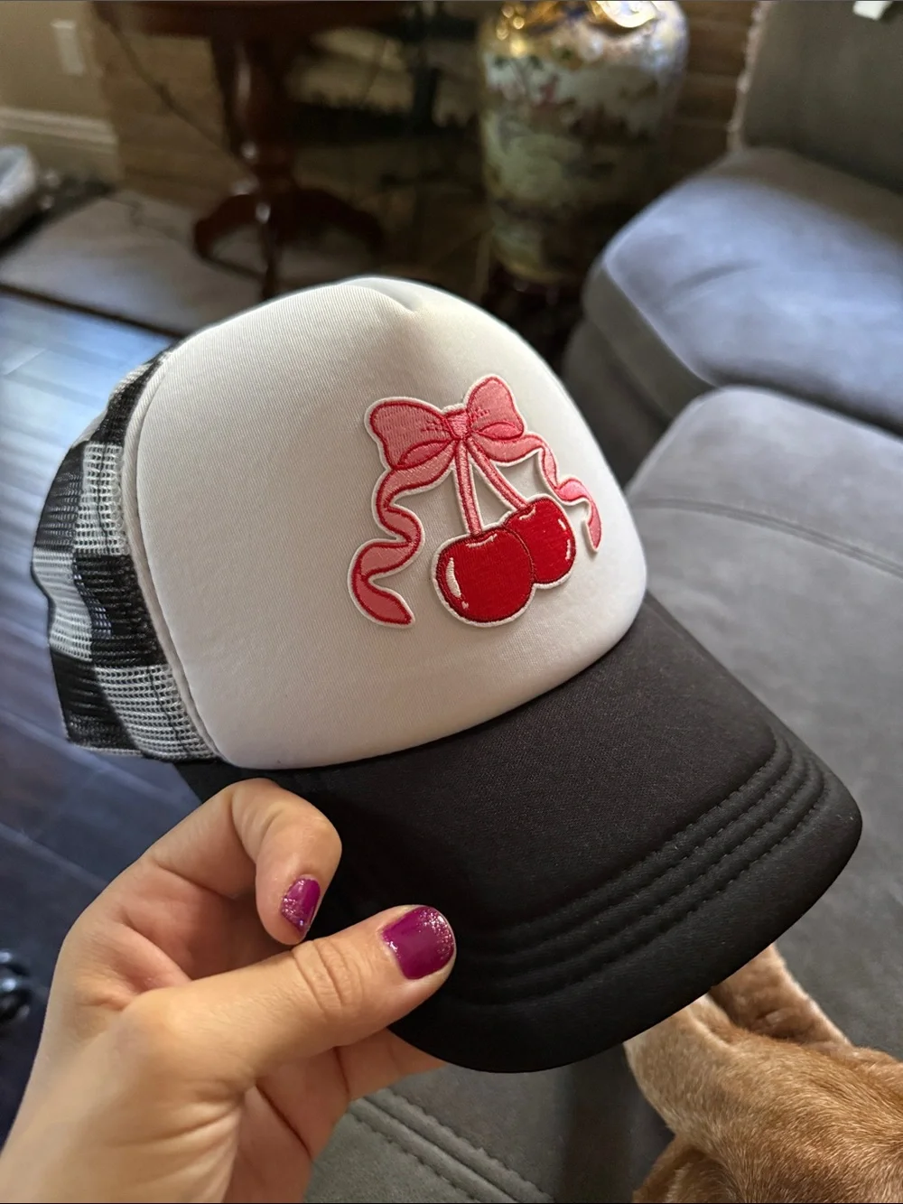 Black & White Trucker Hat with Pink Cherry Patch unisex SnapBack fit kids /adult